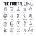 Thin lines collection icons set dedicated to funeral, death, and cemetery. Vector outline ritual attributes in life of