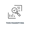 thin magnifying glass like audit assess icon, symbol linear style trend modern logotype graphic art design concept of