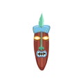 Thin mystical african mask with screaming toothy smile and hat on head