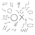 Thin outline arrows hand drawn icons set. Vector black sharp sign isolated on a white background. Simple sketch shape illustration
