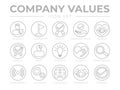 Thin Outline Company Values Round Gray Icon Set. Integrity, Leadership, Quality, Value, Respect, Trust, Positivity, Honesty,