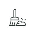 Thin Outline Icon Broom, Besom or Short Brush of Bound Straw Near a Pile of Garbage. Such Line sign as Cleaning Garbage