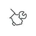 Thin Outline Icon Human Hand Holding a Wrench, Spanner in Arm. Such Line Sign as Car Mechanic Services Plumbing Work