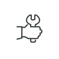 Thin Outline Icon Human Hand Holding a Wrench, Spanner in Arm. Such Line Sign as Car Mechanic Services, Plumbing Work