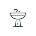 Thin Outline Icon Sink Unit With Tap Washbasin, Basin Washstand. Such Line Sign as Plumbing Sanitary Engineering. Vector