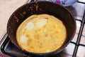 Thin pancake fried in a frying pan.