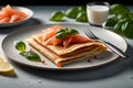 thin pancakes with lightly salted red fish Royalty Free Stock Photo