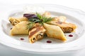 Thin Pancakes Rolls or Crepes Roulade Stuffed with Mushrooms Royalty Free Stock Photo