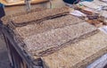 Thin pieces of dried fish for sale at korean market