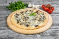 Thin pizza with mushrooms, cheese, rosemary and spices on a light wooden background