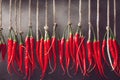 Thin pod red pepper hanging on rope for spicy spices Royalty Free Stock Photo
