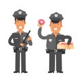 Thin policeman holding police baton. Fat policeman holding donut. Vector characters