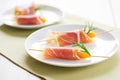 thin prosciutto slices draped over fresh cantaloupe wedges on white plate