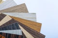 A thin sheaf of wood. Lots of samples. Interior design industry. Close up copy space. Royalty Free Stock Photo