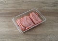 Thin sliced ham in a plastic tray on a table top Royalty Free Stock Photo