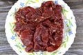 Thin slices of beef pastrami, made from beef brisket, raw meat is brined, partially dried, seasoned with herbs and spices, then Royalty Free Stock Photo