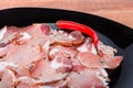 Thin slices of dried pork neck on black dish closeup