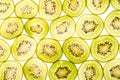 Thin slices of kiwi fruits on white background