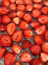 Delicious fresh slices of organic red ripe strawberries ready to get dried in the food dryer