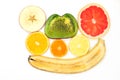 Thin slicing different fruits on white background