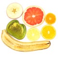 Thin slicing different fruits on white background