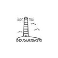 Thin stroke outline vector lighthouse icon. Sea tower logo with ocean wave, sky and birds seagull