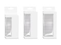 Thin tall white paperboard box with side clear plastic window, tuck-in flap, euro slot hanger mock-up. Transparent front container