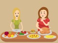 Thin and thick girl eating cartoon vector