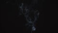 Thin trickle of gray smoke slowly rising graceful twists up on black background. Black and white smoke blowing from