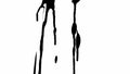 Thin trickles of spilled paint trickle down the white background. Isolated black ink drips onto white paper and forms