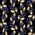 Seamless pattern with watercolor illustrations of blueberries branches