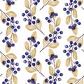 Seamless pattern with watercolor illustrations of blueberries branches