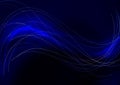 Abstract thin wavy rainbow stripes intersecting with wavy white stripes and glowing bluish waves on a dark blue background