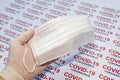 Thin white medical glove on hand and protective face masks on a COVID-19 background. Coronavirus protection concept.