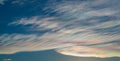 Thin wispy clouds creating rainbow patterns of scattered sunlight. Optical phenomenon on cirrostratus clouds