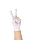 Thin work gloves shows symbol victory.