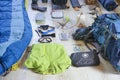 Things and accessories for tourism, travel and hiking, flat lay top view