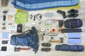 Things and accessories for tourism, travel and hiking, flat lay top view