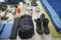 Things and accessories for tourism, travel and hiking, flat lay top view