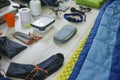 Things and accessories for tourism, travel and hiking, flat lay top view