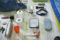 Things and accessories for tourism, travel and hiking, flat lay top view