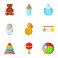 Things for baby icons set, cartoon style