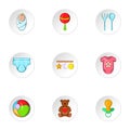 Things for baby icons set, cartoon style