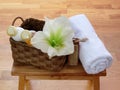 Things for body care in basket and towel Royalty Free Stock Photo