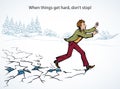 When things get hard, don`t stop! A man runs on breaking ice. Vector drawing Royalty Free Stock Photo