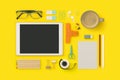 Things on my desk, stationary flat lay with digital tablet mockup on yellow background Royalty Free Stock Photo