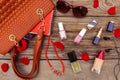 Things from open lady handbag. Royalty Free Stock Photo