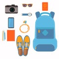 Things that people take with them on a trip backpack shoes passport camera and more.