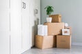 Things are prepared for moving, Packed in cardboard boxes, copy space. Cardboard boxes are waiting to be delivered to your new