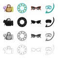 Things for relaxation, swimming circle, sunglasses, snorkel and mask. Summer rest set collection icons in cartoon black Royalty Free Stock Photo